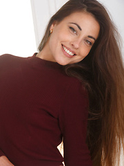The gorgeous Lorena B confidently posing as she takes off her crimson sweater and lace panty - Erotic and nude pussy pics at GirlSoftcore.com