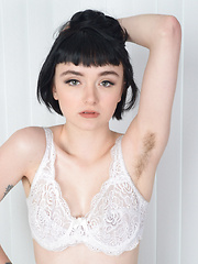 Petite teen with black hair Matilda Bow exposes her hairy armpits and twat - Erotic and nude pussy pics at GirlSoftcore.com