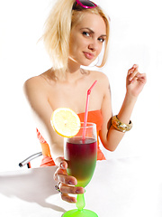 Beautiful blonde teen chick with sunglasses stripping while drinking a delicious cocktail. - Erotic and nude pussy pics at GirlSoftcore.com