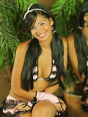 Karla wears her pink ruffles outfit and takes it off - Erotic and nude pussy pics at GirlSoftcore.com