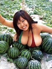 Fuko posing her watermelons tits next to real watermelons! - Erotic and nude pussy pics at GirlSoftcore.com