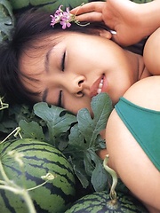 Fuko posing her watermelons tits next to real watermelons! - Erotic and nude pussy pics at GirlSoftcore.com