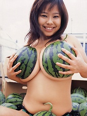 Fuko posing her watermelons tits next to real watermelons! - Erotic and nude pussy pics at GirlSoftcore.com
