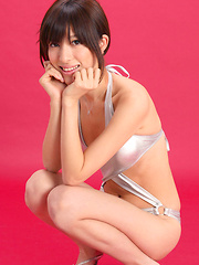 Mana Mizuno Asian in silver bath suit knows to pose irresistible - Erotic and nude pussy pics at GirlSoftcore.com