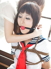 Dimdim Asian in uniform is tied in ropes by another sexy cupcake - Erotic and nude pussy pics at GirlSoftcore.com