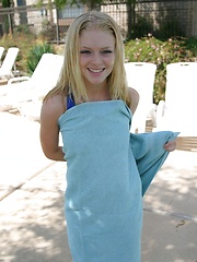 Blonde teen Skye shows off her tight little body at the pool in a tight one piece bathing suit