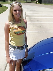 Blonde teen Skye Model shows off her tight teen body by her friends car - Erotic and nude pussy pics at GirlSoftcore.com