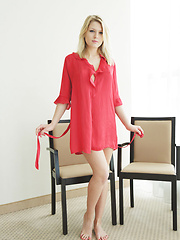 Lucy Heart smooth fair skin accentuated by a red chiffon robe - Erotic and nude pussy pics at GirlSoftcore.com