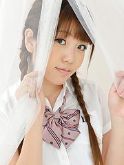 Mizuho Shiraishi Asian with pigtails and uniform sits with ass up - Erotic and nude pussy pics at GirlSoftcore.com