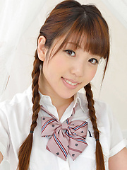 Mizuho Shiraishi Asian with pigtails and uniform sits with ass up - Erotic and nude pussy pics at GirlSoftcore.com