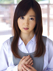 Mio Ayame Asian smiles and shows ass in panty under uniform - Erotic and nude pussy pics at GirlSoftcore.com