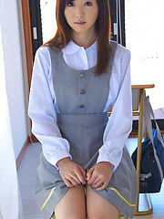 Mio Ayame Asian smiles and shows ass in panty under uniform - Erotic and nude pussy pics at GirlSoftcore.com